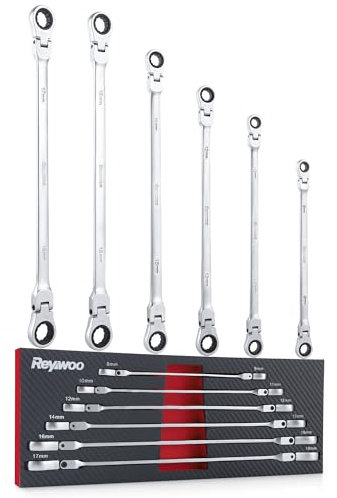 Reywoo 6 Pcs 8-19 mm Extra Long Ratcheting Wrench Set, 6-Piece Flex Head Ratcheting Wrench Kit, Metric Double Box End Wrench with 72-Teeth & 12 Point