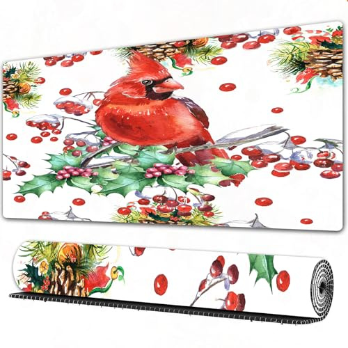 EOMKSE Mouse Pad Gaming Large Desk Pad Washable Mouse Pad Laptop Desk Mat,Cardinal birds - a symbol of Christmas holly and spruce branch with a co,Home Mouse Pad with Anti-Slip Rubber Base,16x29.5 in