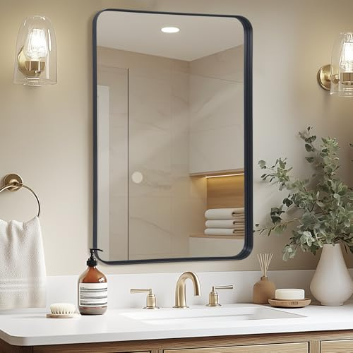 LunaMirror Väggspegel 50x75 cm Väggmonterad Badrumssminkspegel Skugglåda Svart Ram Heminredning Rektangel Hängande med Böjda Hörn för Hall Entré Vardagsrum Sovrum