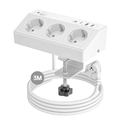 Tischsteckdose mit USB C PD 20W, 4000W/16A Steckdosenleiste Schreibtisch, STGAROT 3 Fach Mehrfachsteckdose 4 USB mit Schalter 3M Kabel, Überspannungsschutz Steckdose Tisch für Zuhause Büro, Weiß