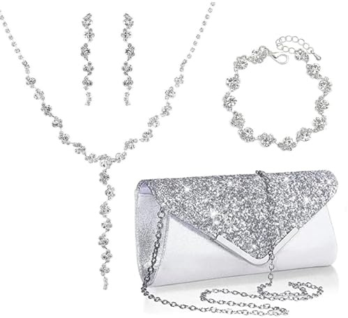 Hsthe Sea Sautoir pour Femme, Ensemble de Sac de soirée Plein de Diamants, Ensemble de Bijoux de Danse de Mariage, Collier de Luxe, Boucles d'oreilles, Bracelet, Pendentif
