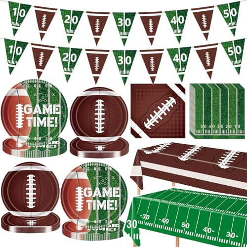 Juego de vajilla de 100 piezas de suministros de fiesta de fútbol, platos de papel de fútbol, servilletas, manteles, pancarta, decoración de fiesta temática de fútbol, platos de fiesta del día del
