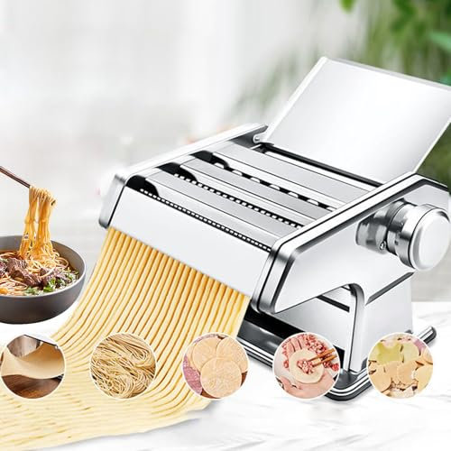 Machine à Pâtes Manuelle, Machine à Pâtes Fraîches en Acier Inoxydable avec 3 Lames De Presse Coupées, Support De Séchage, 8 épaisseurs Réglables, Base Antidérapante