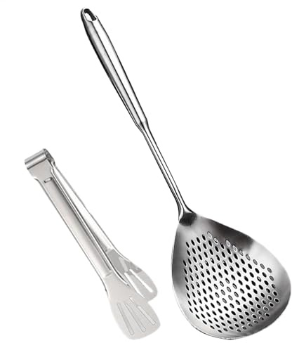 Ergonomic Strainer Spoon, Stainless Steel Frying Spoon, Cooking Skimmer with Clip, Multipurpose Strainer Spoon, Oil Draining Skimmer Spoon, Frying Strainer for Kitchen, Skimmer Spoon for Chefs
