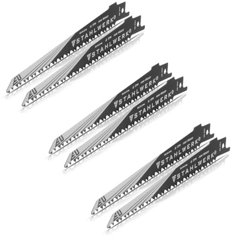 STAHLWERK Set di 6 lame per sega a sciabola, 150 x 19 x 1,2 mm, Long Life, lame per sega a gattuccio, con attacco da 1/2 e 6 TPI per seghe a sciabola, seghe alternative