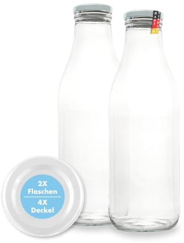 Botella de Leche y Zumo de Cristal 1 Litro - 2 Unidades Con Tapas Giratorias + Repuesto TO48, de Boca Ancha, Resistente a la Temperatura [Blanca]