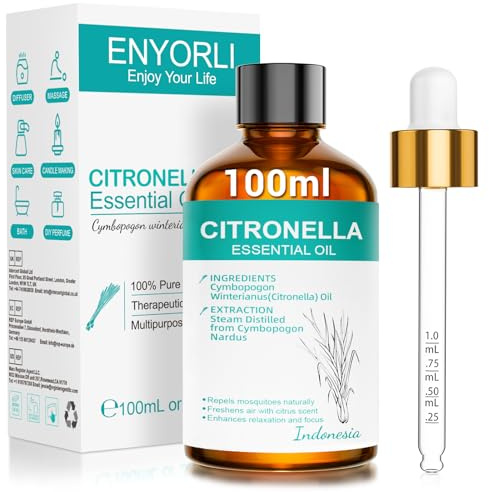ENYORLI Citronella Öl 100ml 100% naturrein für Aromatherapie und Diffuser | Zitroniger Citronella-Duft für Aromatherapie, Diffuser, Raumduft, Seife, Kerzen, DIY, mit Skalenpipette