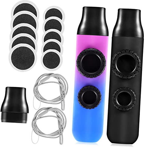 Tragbares Kazoo Musikinstrument 2 mit Doppeltonlöchern | Abs und Silikon, Ersatzmembranen und Rundmembranen, 2 Stück, und Blau Violett