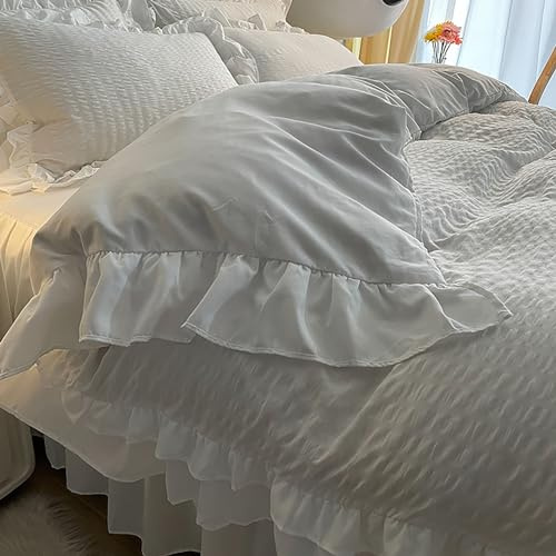 Seersucker Material Ruffles Duvet Quilt Cover Set - Soft Breathable 4 Piece Bedding Set with Zipper Closure - Solid Color, Machine Washable - Bed Sheet Sets for Ultimate Comfort (White Twin)