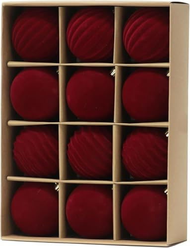 LATERN 12 Pièces Boules de Noël en Velours, 8CM Rouge Floquées Boules Ornaments de Noëls Balle de Noël Incassables à Suspendre pour Sapin de Noëls Vacances Maison Fête Décoration (3 Styles)