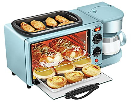 XSDAJSD Macchina per la Colazione Multifunzione 3 in 1, Piccola griglia elettrica Portatile da 9 Litri (Forno Elettrico + caffettiera + Piastra Antiaderente)