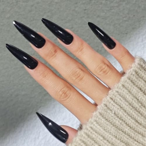 Stiletto Press-On Nails, Glossy Black Long False Nail Tips, 24-Piece | Includes Adhesive Jelly Tabs, Ready-Coloured Format, For At-Home Manicures And Coordinating With Evening Outfits