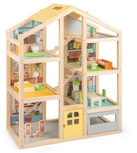 COSTWAY Dockhus i trä, drömvilla med möbler & figurer, barndockhus med garage & öppen dörr, DIY-drömhus dockvilla för flickor & pojkar från 2 år