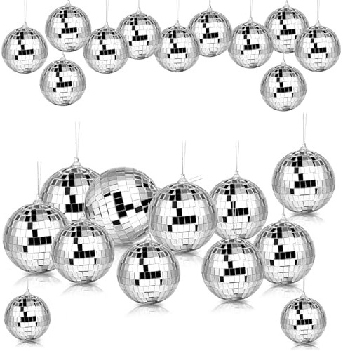 24Pcs Disco Ball Decorations, Mirror Ball Sparkly with Hanging Ring, Silver Glitter Balls, Hanging Disco Light Mirror 70s 80s DJs Party Wedding Birthday Cake Topper Christmas Tree Decor(3/6/8/10cm)