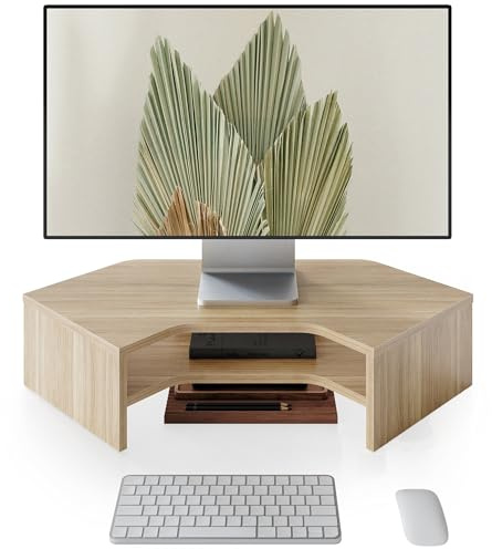 Fenge Monitor Stand, L-shaped for Corner Laptop PC TV, Monitor Riser, Oak | For Screen Computer Printer Office Home, 2 Tiers, Non-slip Pads, Desk Shelf Organizer, Cable Mgmt, Compartmentalized Storage