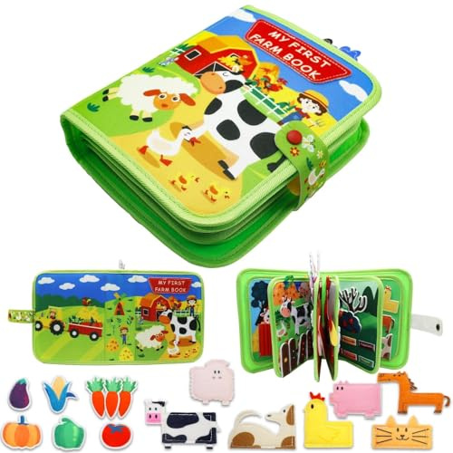 Nokwocy Busy Board a partire da 1 anno, libro di lavoro per bambini, libro di lavoro in feltro fai da te, attività 3D, giocattolo educativo prescolare, libros di lavoros con abilità di vita (Farm)