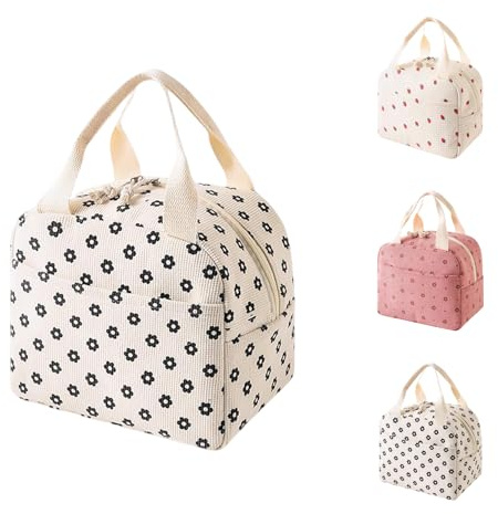 SUOXU Large Capacity Corduroy Insulated Lunch Bag for Adults Kids, Thermal Tote for Work School Picnic, Leak Proof Cooler Bag with Handle, Cute Floral Print Lunch Box (Off-White - Flower)