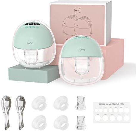 NCVI Electric Wearable Breast Pump 8131, Hands Free Breast Pumps with Strong Suction, 4 Modes 9 Levels, Portable Milk Pump with LED Display, Includes 19/21/24mm Comfortable Flanges (2 Pack, Green)