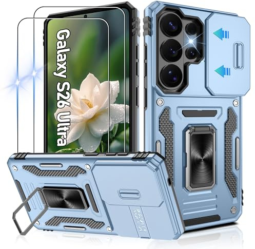 Jshru for Samsung S26 Ultra Case with Screen Protector | Camera Protective Cover | Ring Stand,Shockproof Bumper Phone Cover for Galaxy S26 Ultra,S26 Ultra-Light Blue