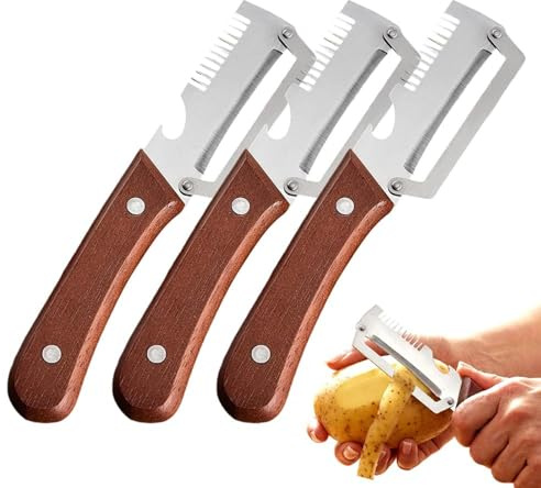 Multi-Functional Vegetable Peeler for Kitchen, Stainless Steel Multifunctional Easy Peelers, Fruit Peeler with Wooden Handle and Bottle Opener, for Easy Potato, Fruit & Veggie Peeling (3, Brown)