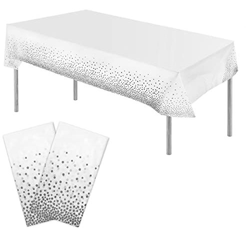 YUTOU 2 Stück Einweg Tischdecke 137×274 cm Plastik Wasserdicht Tischdecken Rechteckige Tischdekoration Dot Konfetti Tischdecken Tischtuch Party Geburtstag Hochzeit Tischdecke (Weiß+Silber Dot)