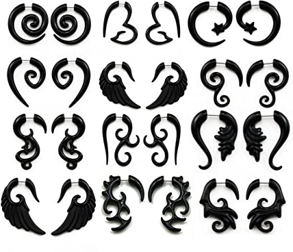 COLORFUL BLING 6-12Pairs Stainless Steel Punk Black Tribal Spiral Fake Gauges Acrylic Ear Tapers Fake Plugs Horn Stud Earrings Tunnel Body Piercing Jewelry-12pcs