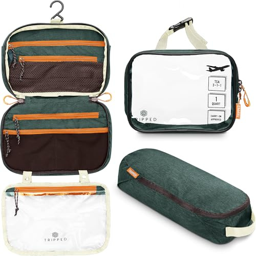 Toalettväska kit set: hängande resenecessär + 311 TSA kosmetisk vätskepåse + ultralätt tillbehörsorganiseringspåse, gRÖN, 3-delat toalettset | Inkluderar hängande toalettväska, 311 TSA flytande väska och tillbehörsorganiseringspåse med lätt ripstop-konstruktion