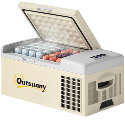 Outsunny 16L Car Refrigerator Compressor Camping Fridge Down to -20℃ Khaki | Portable Freezer, 12/24V DC 100-240V AC, for Car, RV, Camping Use