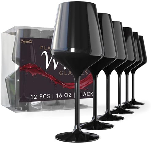 Exquisite 12 copas de vino de plástico desechables de 16 onzas, copas de vino de plástico negro con tallo, copas de vino desechables para fiestas y eventos para uso en interiores y exteriores