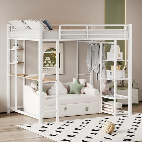 MQLAE Hochbett Erwachsene, Einzelbett 90x200cm, Kinderbett, Jugendbett, mit Schreibtisch und Aufbewahrungsregal, Bettgestell mit Lattenrost aus Metall, Rausfallschutz Metallbett, Ohne Matratze, Weiß