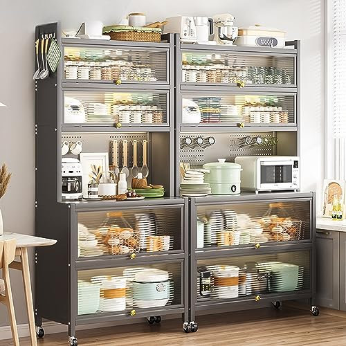 Bäckerregal mit 6 Etagen, Klapptür, Stecktafel und Rollen, Metall-Küchenschrank mit großen Ablagen und Haken, Grau, L 80 cm