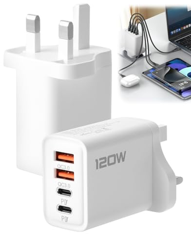120W USB C Plug Fast Charge 2Pcs 4-Port Multi USB Plug UK Dual PD QC Wall Charger Head Type C Charger Head for iPhone 17 16 15 14 13 12 Pro Max Plus X XS XR Samsung, 2 Type C+2 USB A White