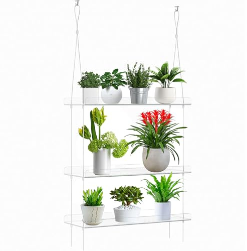 TOWEBOORY 3-Tier Hanging Clear Acrylic Plant Shelves, Adjustable Window Plant Shelves Indoor Windows Wall Hanging Plant Stand Shelf Hanger for Herbs Flowers Micro Greens Succulents Multiple Plants