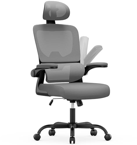 Chaise de Bureau Ergonomique: Fauteuil Bureau avec Support Lombaire en C,Dossier et Appui-tête Réglables,Reversible Armrest,Siege en Maille Respirante Convient à la Maison Chair ,Lecture,Gris Sombre