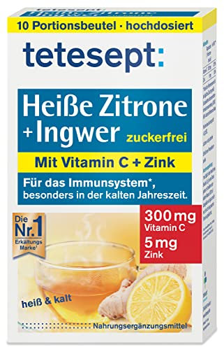 tetesept Heiße Zitrone mit Ingwer – Instant Pulver zuckerfrei mit Zink & Vitamin C - Abwehrkräfte und Immunsystem unterstützen – 1 Packung à 10 Beutel