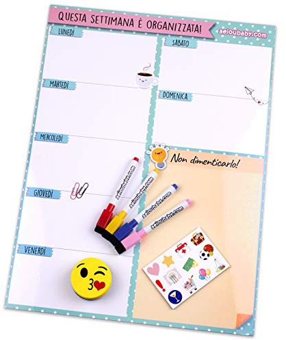 Organizer Settimanale Magnetico, 4 Pennarelli Colorati, 12 Calamite, 1 Gomma | Calendario Frigo Italiano 43x32cm Lavagna Cucina | Organizer Memo Lista della Spesa Menù | Scatola idee regalo