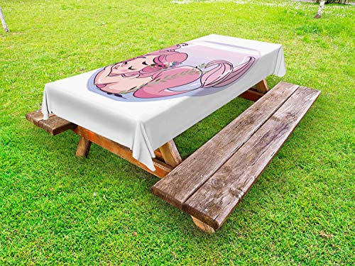 ABAKUHAUS Meerjungfrau Outdoor-Tischdecke, Cartoon in Fish Bowl, dekorative waschbare Picknick-Tischdecke, 145 x 305 cm, Weißer Flieder Pale Pink