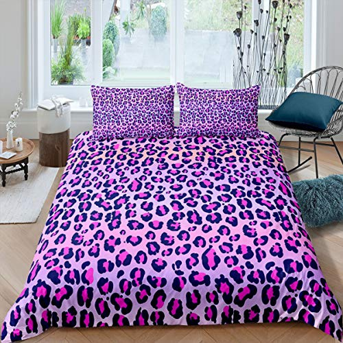 Juego de Funda de edredón con Estampado de Leopardo,de Guepardo, Color Morado