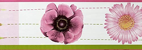 Dundee Deco MGAZBD2086 Tapeten Bordüre, selbstklebend, Blumenmuster, Rosa, Grüne Mohnblumen, Asterblumen, Tapetenbordüre 10 m x 10 cm