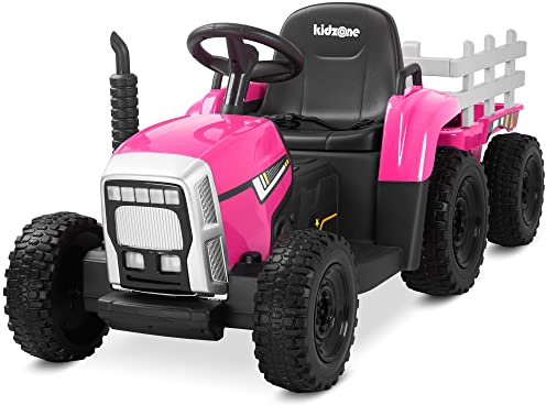 Kidzone 12V7AH Premium Version w/EVA Treaded Tires Dual 35W Motors Boost Power Torque Remote Control Electric Tractor w/Trailer Toddler Ride On Toy 3-Gear-Shift, 7-LED Lights Bluetooth,Pink
