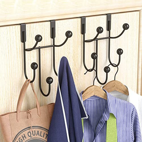 HapiRm Over Door Hanger Hooks - Stainless Steel Over Door Hook with 5 Hooks, Coat Hanger for Bedroom, Behind Back of Bathroom for Clothes Towel Hat Bag, Room Rack Storage, 2 Pack with Non-Slip Pads