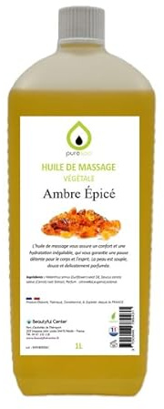 Purespa Huile de Massage végétale parfumée - 100% Massage Naturelle exotique (Ambre Épicé, 1 Litre)