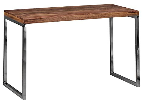 möbelando Schreibtisch Guna Massivholz Sheesham | Computertisch 120 x 60 cm aus echtem Holz | Laptoptisch im Landhaus-Stil | Konsolen-Tisch mit Metallbeinen | Arbeitstisch dunkel-braun für Büro
