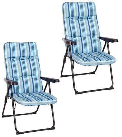 LOLAhome Set de 2 Sillones de Jardín Acolchado y Reclinable 4 Posiciones Azul. Estructura de Tubo de Acero anticorrosión y Lona a Rayas. Colchón de 5 cm de Grosor, Plegable. 61x58x106 cm