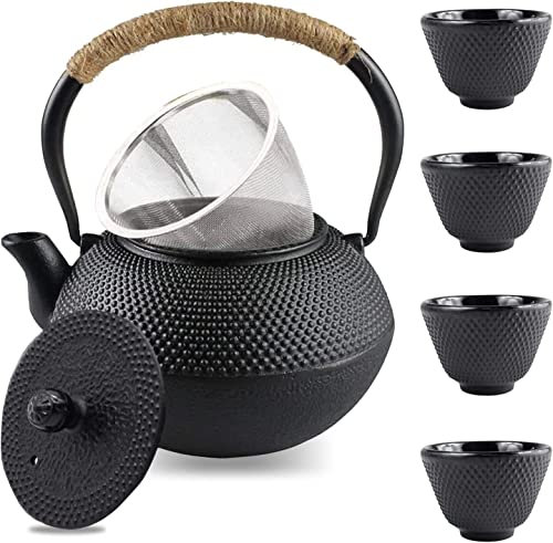 TANFEI Ensemble de théières japonaises en fonte noire mate de 1,2 l avec 4 tasses à particules de fer de 70 ml et infuseur en acier inoxydable pour thé en vrac et thé en fleurs
