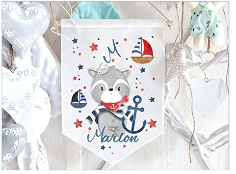 Namensschild Türschild fürs Kinderzimmer - Personalisiert Waschbär Babygeschenk Filz Wimpel Name Deko