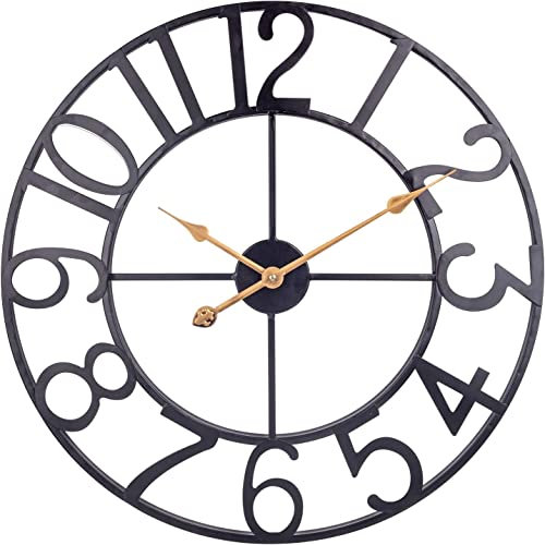 SkyNature Wanduhr Große 60cm, Europäische Industrie Vintage Dekor Wanduhren, Leise Ohne Tickgeräusche Metall Uhr, Retro Wanduhr für Wohnzimmer, Küche, Schlafzimmer, Büro - Schwarz