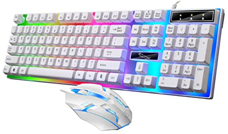 Clavier Filaire et Souris de Jeu USB 104 Touches, Abs, LED | Design à Touches Flottantes, Rétroéclairage Coloré Respirant, Trous D’évacuation Dessous, Blanc