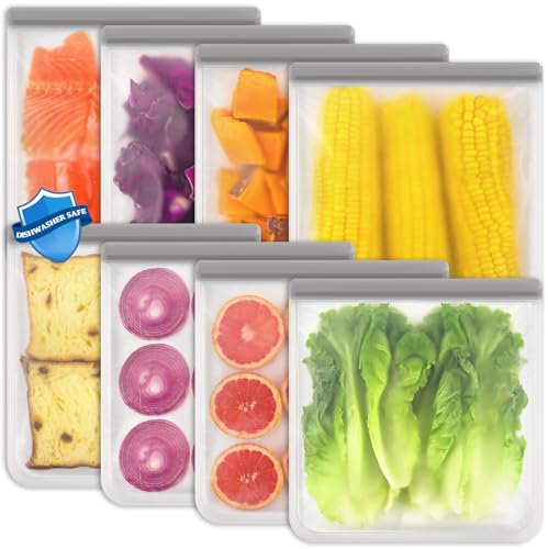 ANZNKU 8 Pack Reusable Gallon Bags, Reusable Food Freezer Bags, BPA Free PEVA, Dishwasher Safe Silicone Bags, Leak-proof Lunch Bags for Kitchen Storage