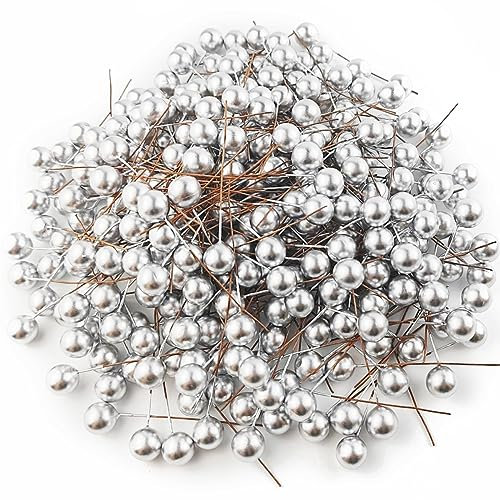 GXXMEI 300 bacche di agrifoglio artificiali, mini bacche finte da 10 mm, decorazioni su filo per albero di Natale, ghirlande di fiori, fai da te, uso artigianale (argento)